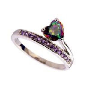 New - Rainbow Topaz Heart With Amethyst Silver Ring - Size 6, 7, 8